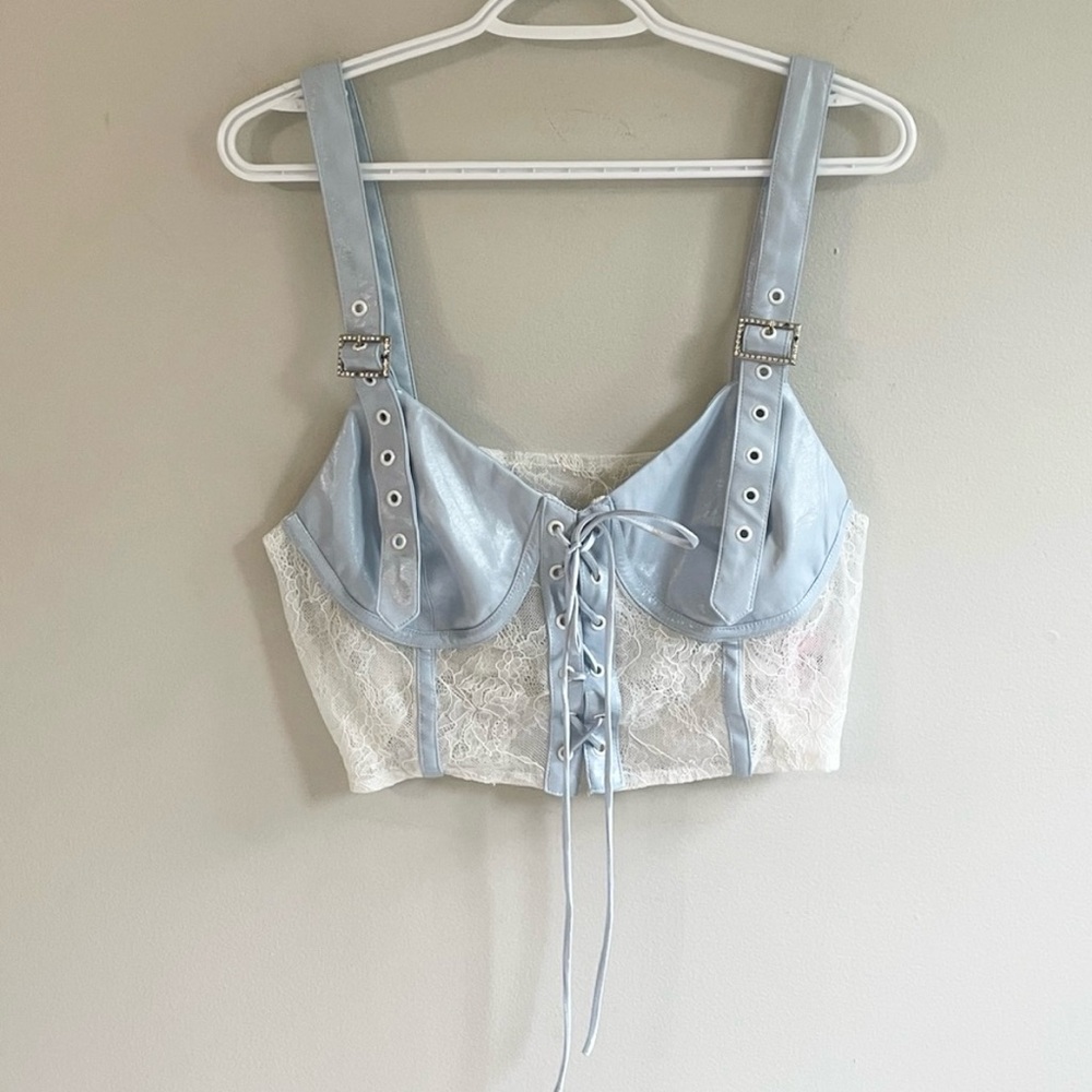 LIGHT BLUE PVC LATEX BUSTIER CREAM LACE RHINESTONE BUCKLES LACED FRONT UNDERWIRE